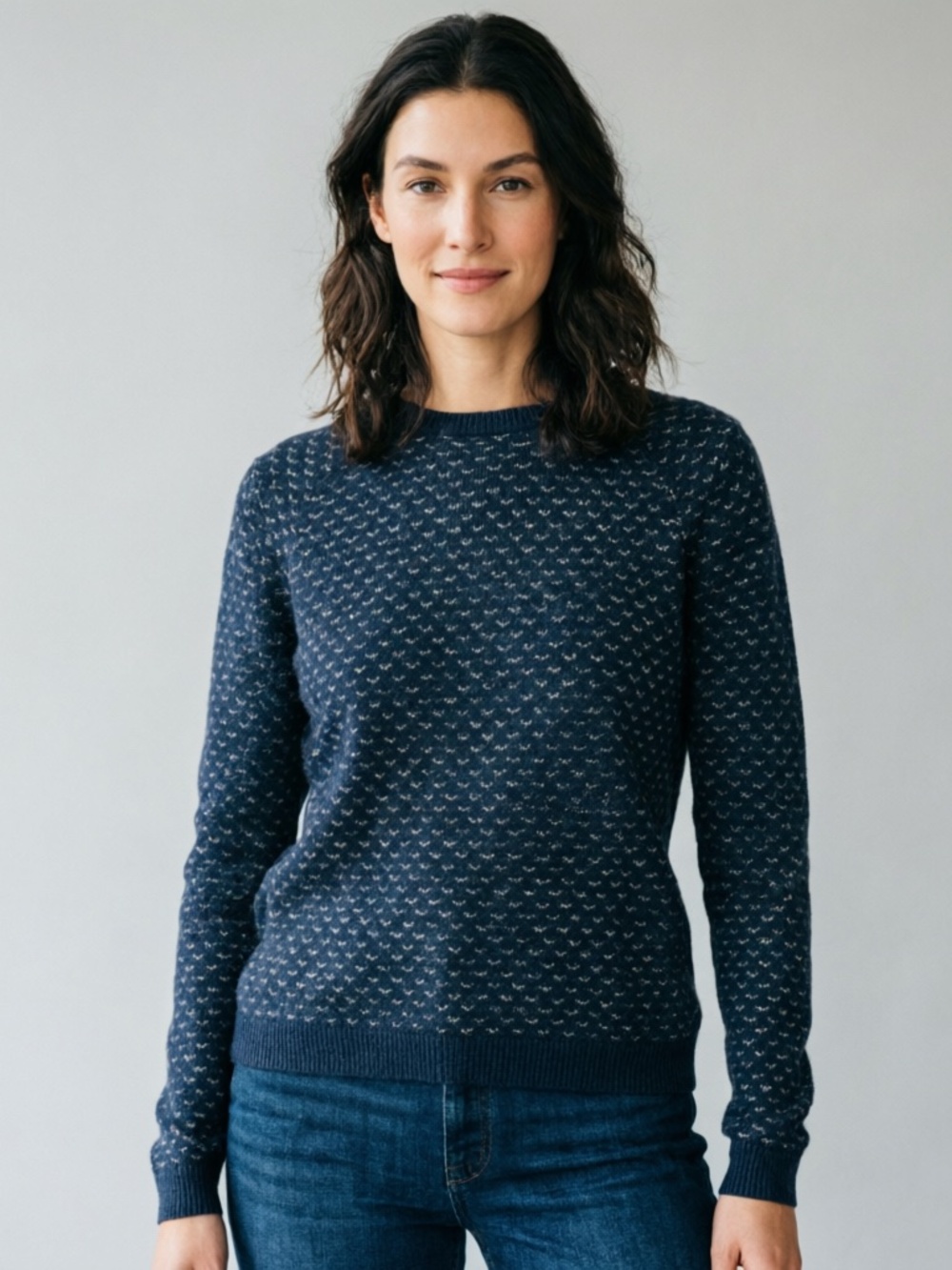 Women's Navy Blue Patterned Crewneck Knit Sweater Medium